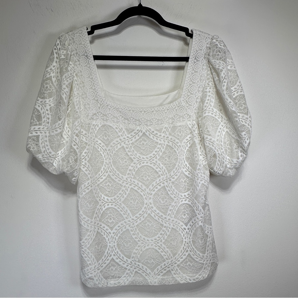 Ever New White Lace Puff Sleeve Top Square Neck Bridal Coquette Blouse L